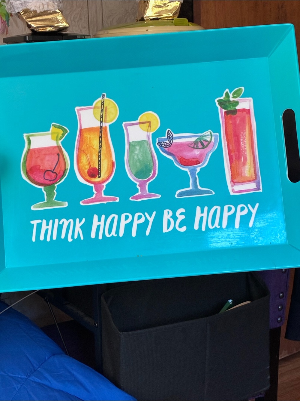 Think Happy Be Happy Turquoise Serving Tray with Cocktail Art bundle